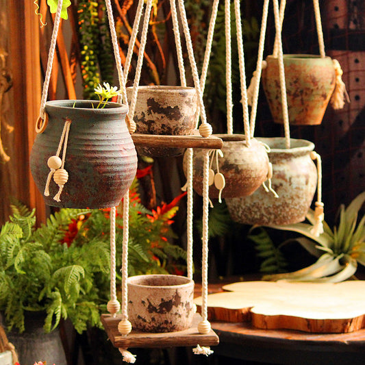 Rustic Hanging Stoneware Flower Pots Old Retro